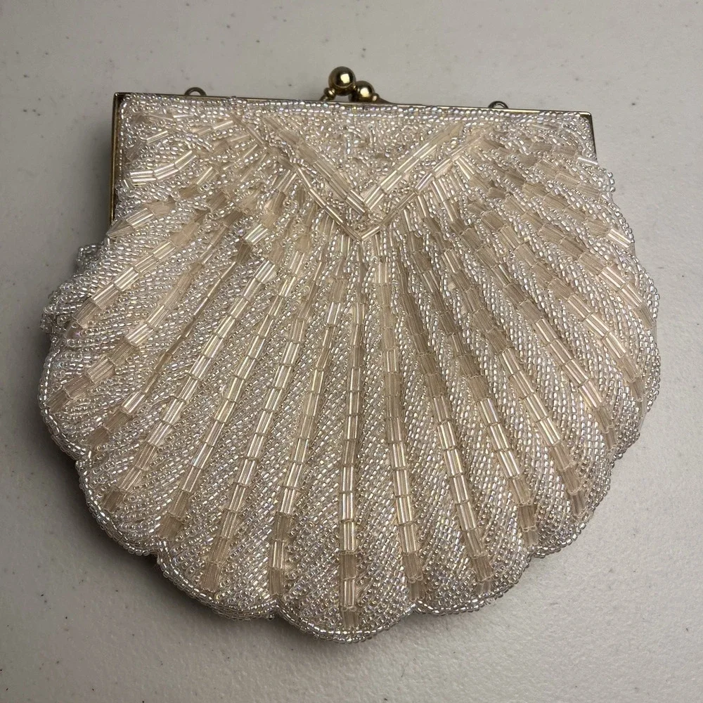 Cream Beaded Kiss Lock Clutch Evening Bag Vintage Retro Mid Century Handbag